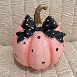 NEW Pink Polka Dot Decorative Pumpkin Black Bow and Gold Stem Halloween Decor